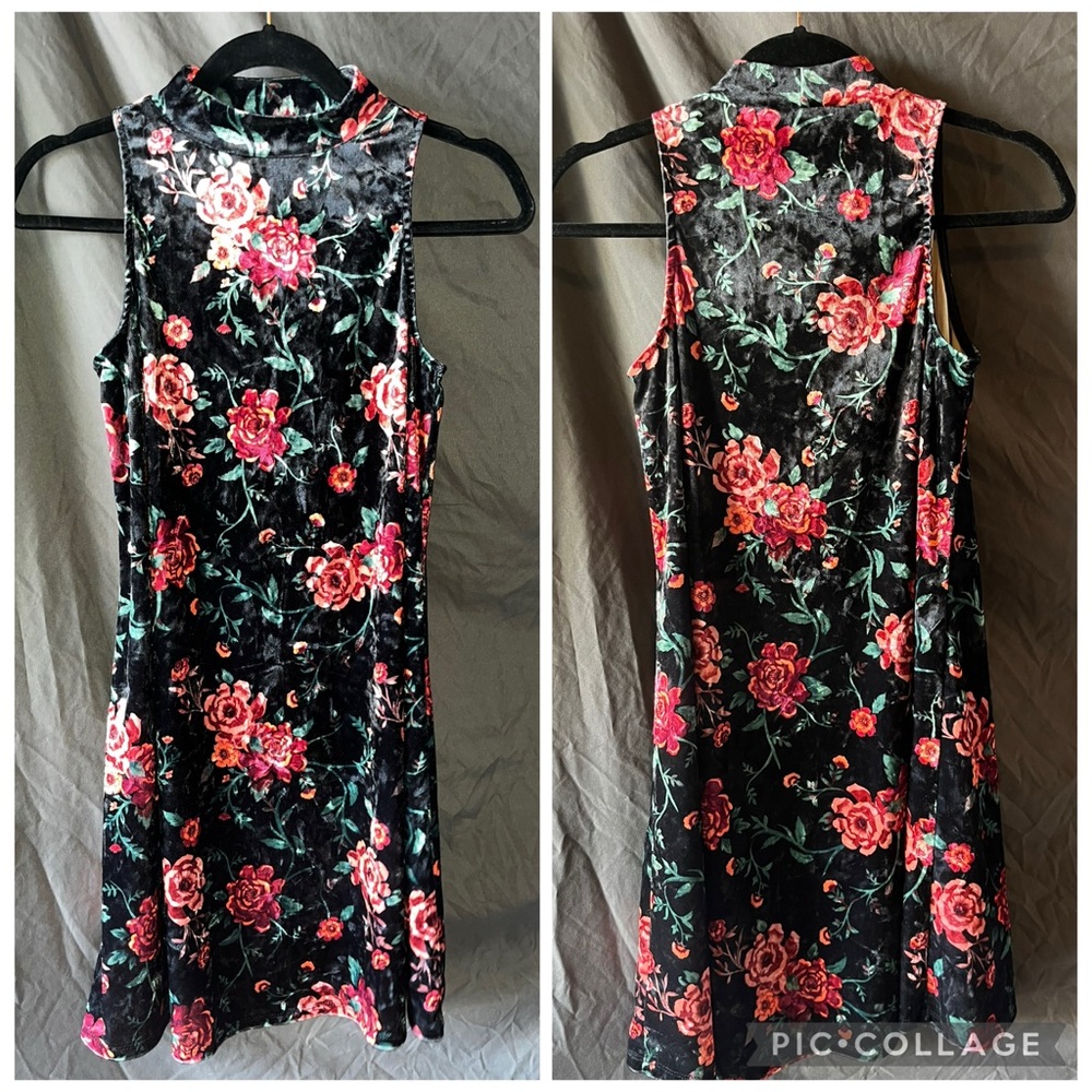 Mudd Black Womens Small Velvet Floral Sleeveless Mock Neck A-line Dress Y2K